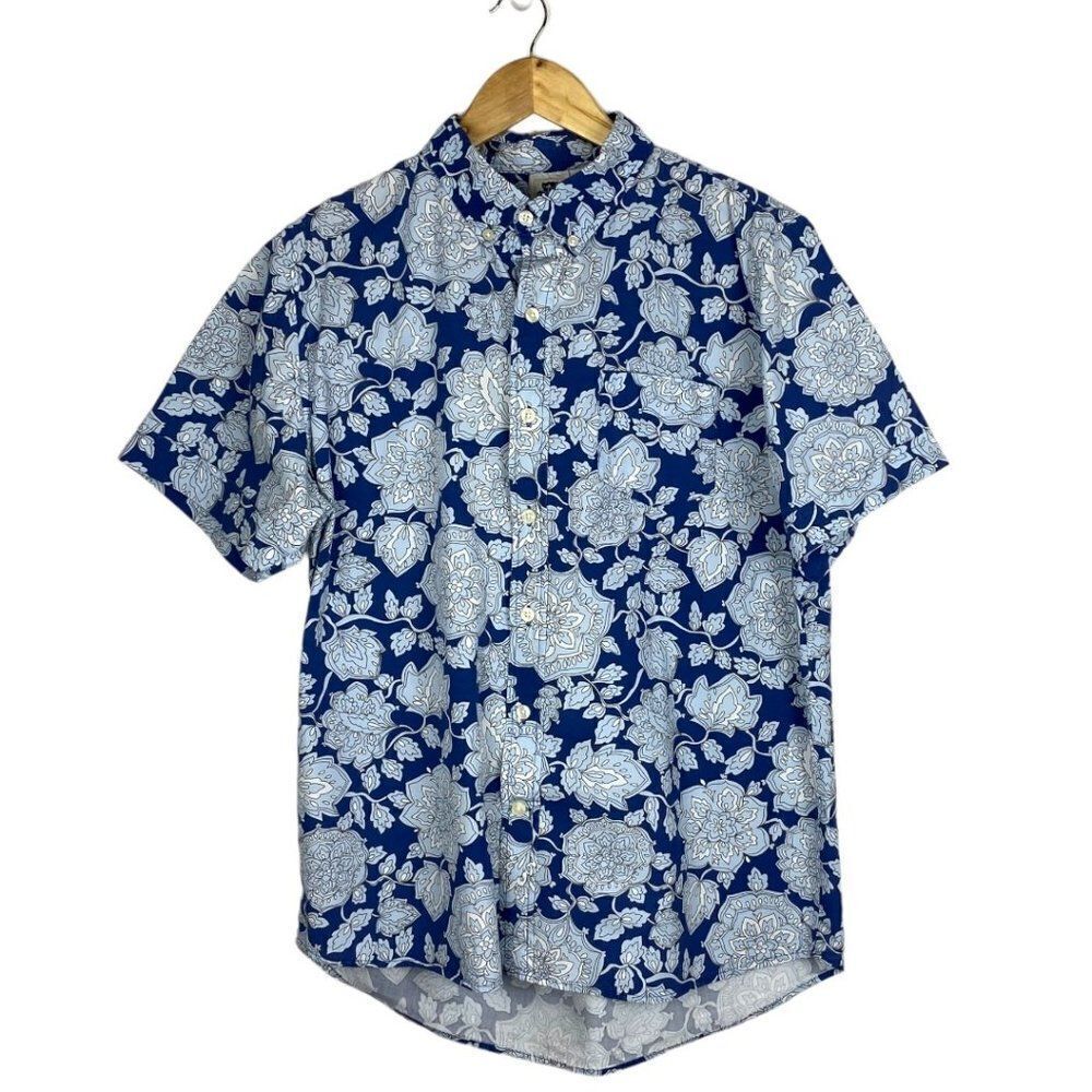 Kennington Men's Blue White Floral Hawaiian Short Sleeve Button Up Shirt US XL